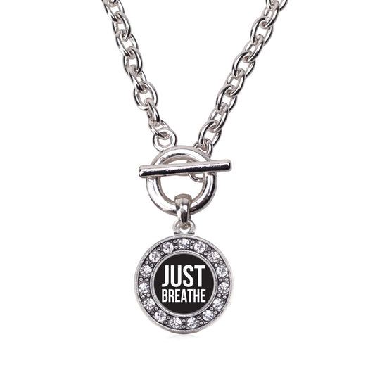 Silver Just Breathe Black Circle Charm Toggle Necklace