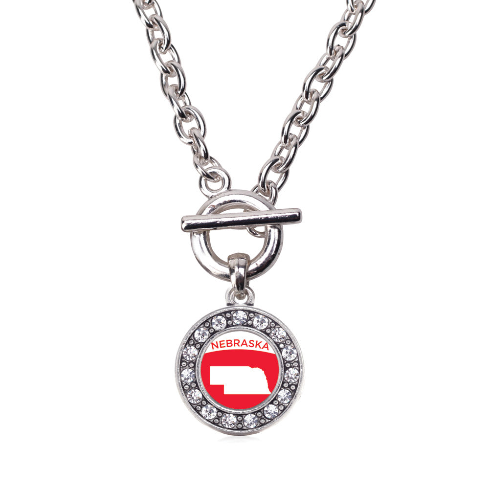 Silver Nebraska Outline Circle Charm Toggle Necklace