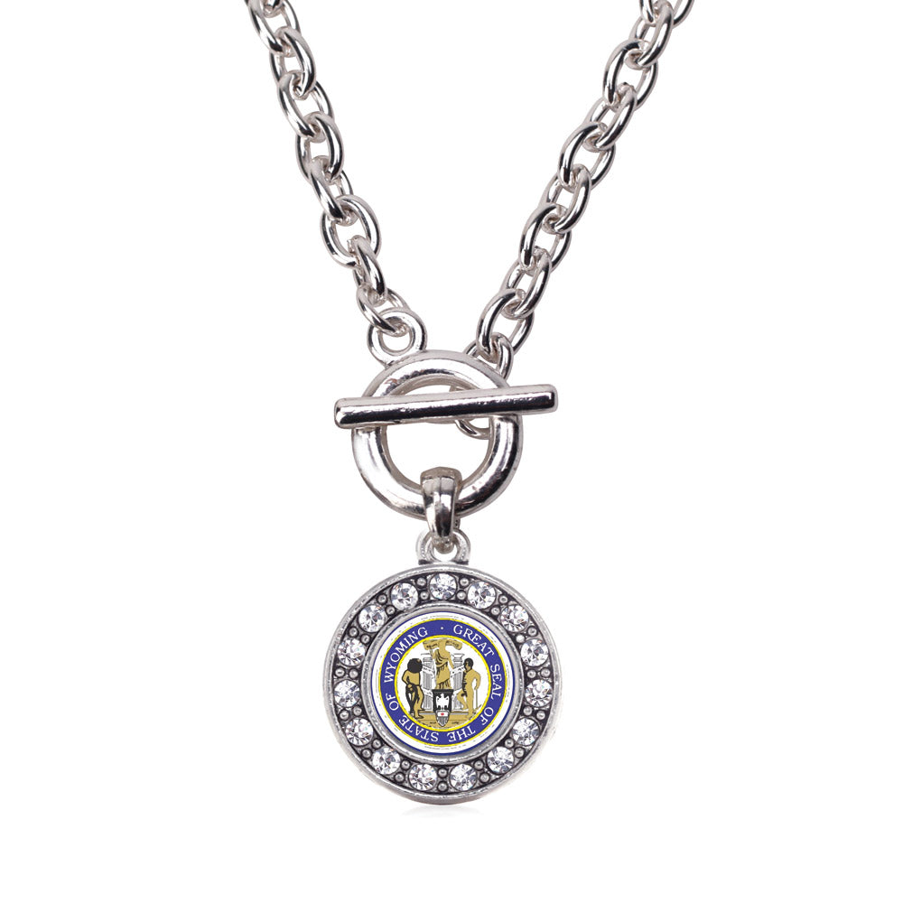Silver Wyoming Flag Circle Charm Toggle Necklace
