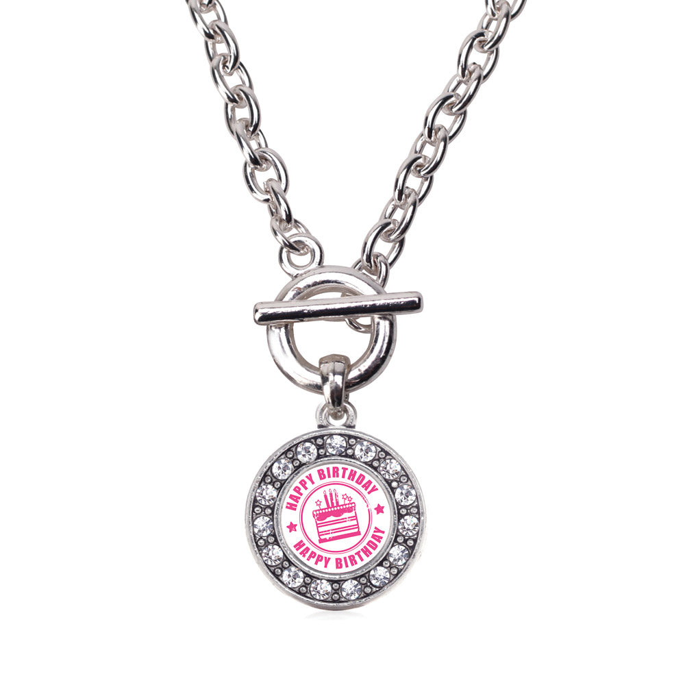 Silver Happy Birthday Circle Charm Toggle Necklace