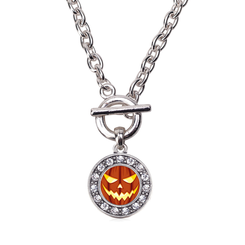 Silver Grinning Pumpkin Circle Charm Toggle Necklace