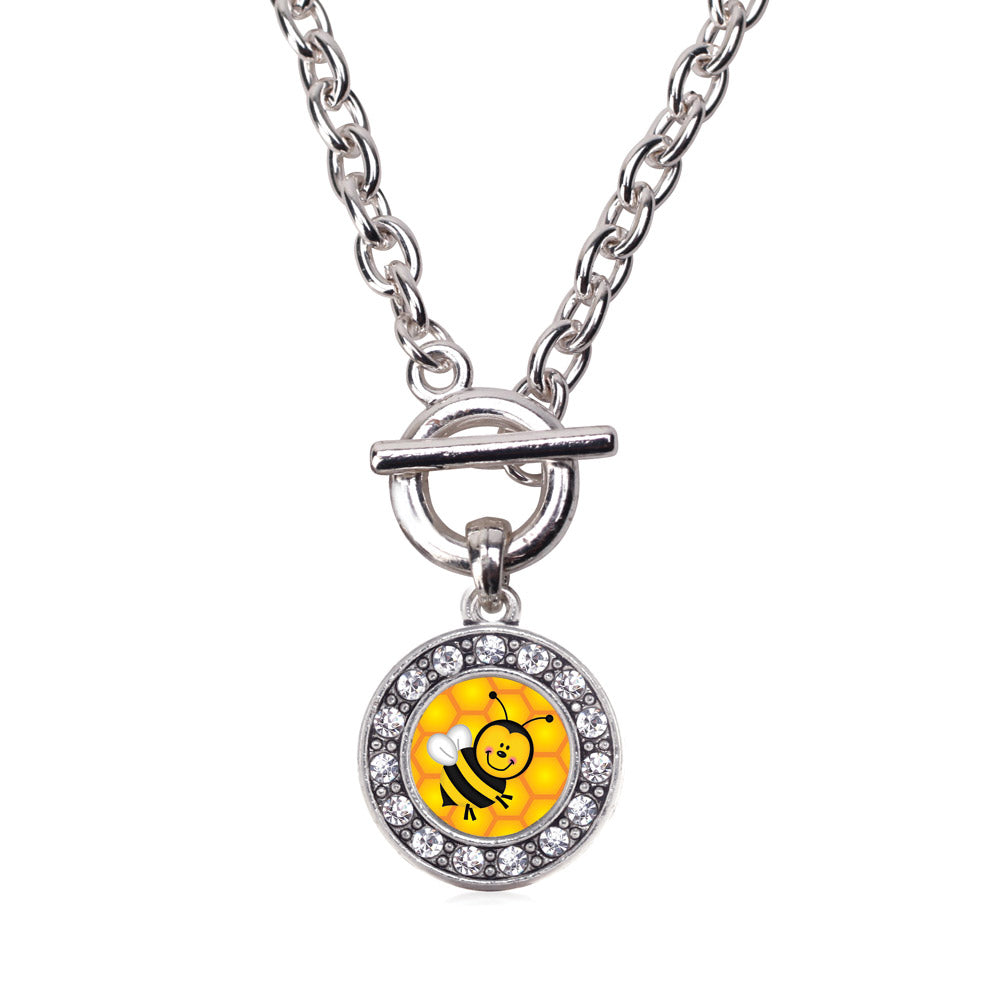 Silver Honey Bee Circle Charm Toggle Necklace