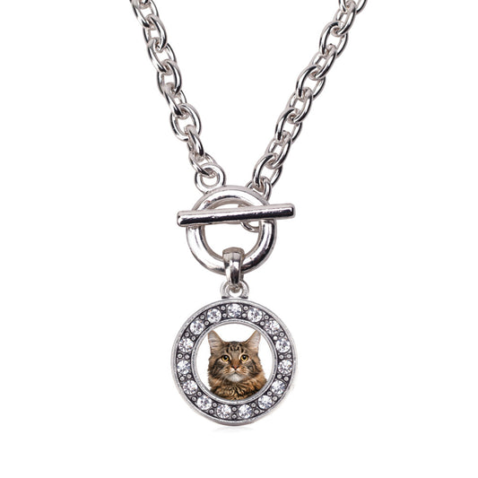 Silver Maine Coon Cat Circle Charm Toggle Necklace