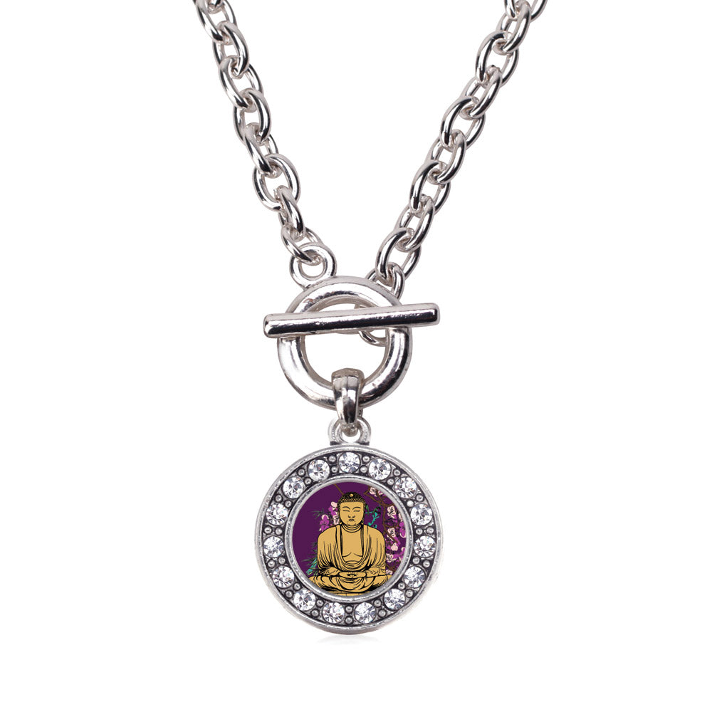 Silver Buddha And Cherry Blossoms Circle Charm Toggle Necklace