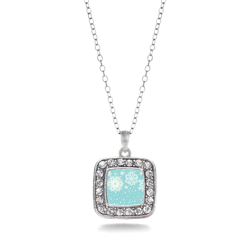 Silver Falling Snowflakes Square Charm Classic Necklace
