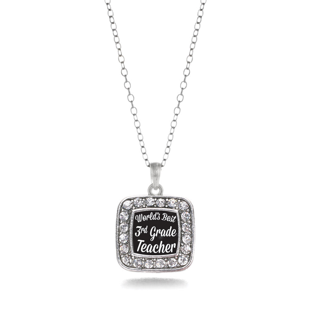 Silver World's Best 3rd Grade Teacher Square Charm Classic Necklace