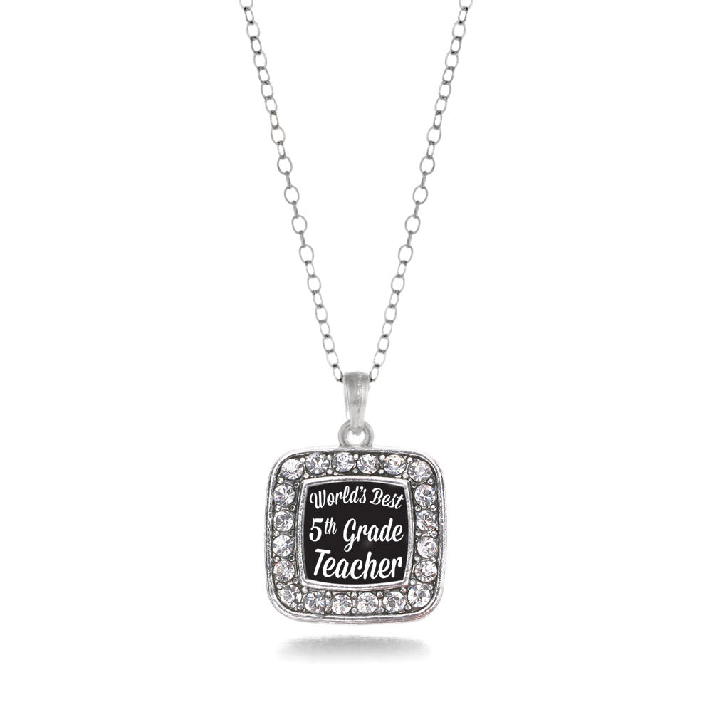 Silver World's Best 5th Grade Teacher Square Charm Classic Necklace