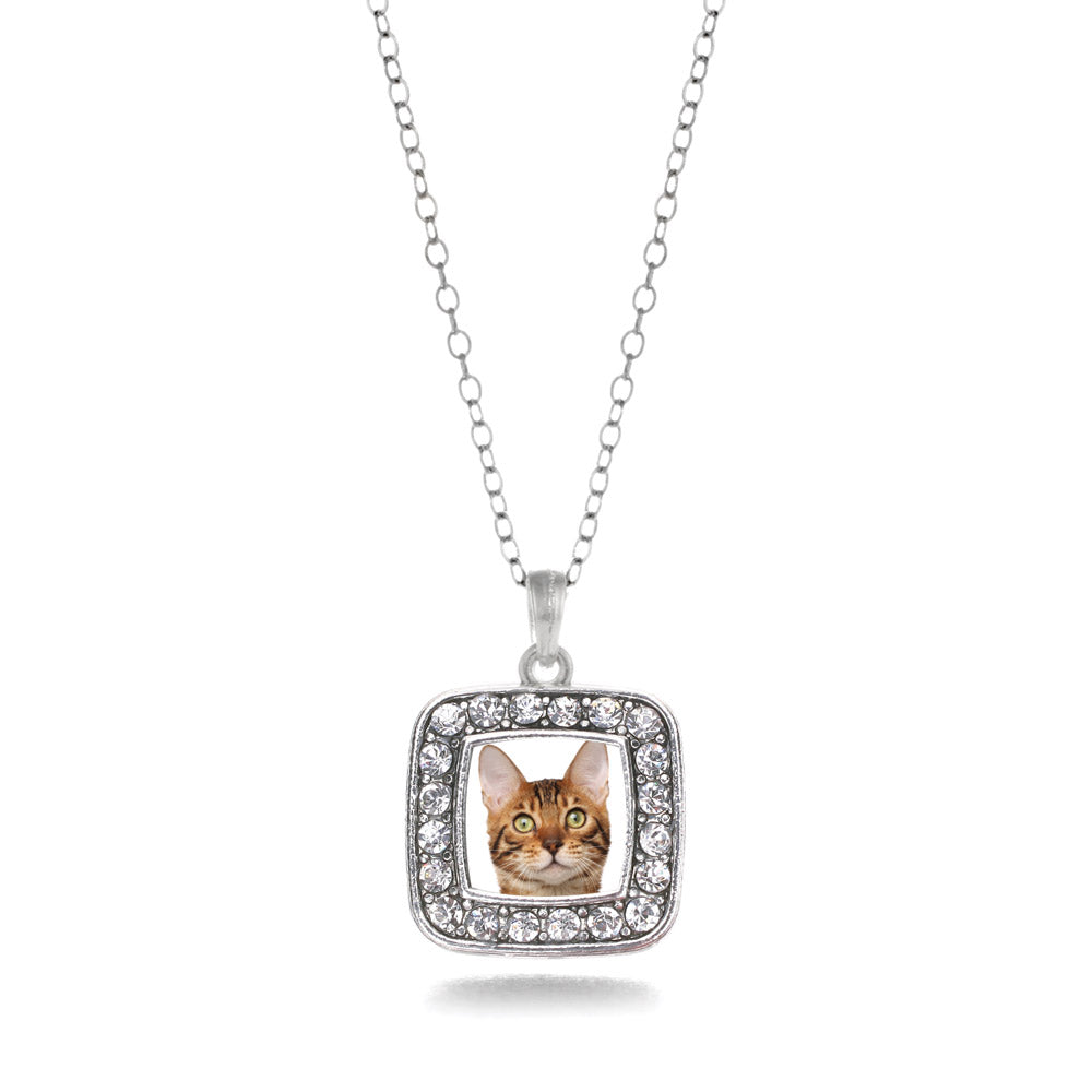 Silver Bengal Cat Square Charm Classic Necklace