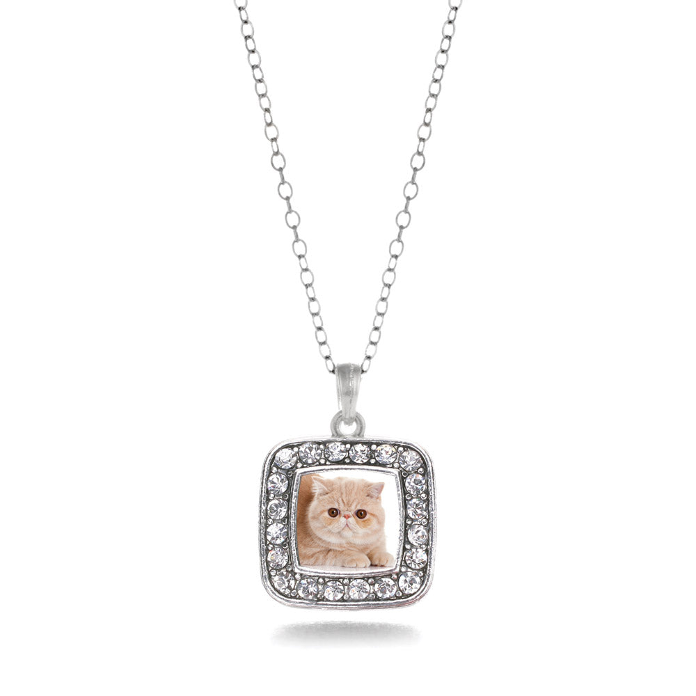 Silver Persian Cat Square Charm Classic Necklace
