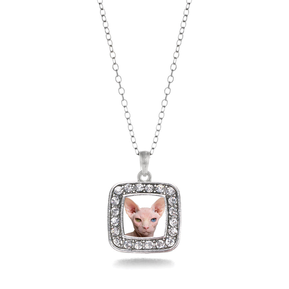 Silver Sphinx Cat Square Charm Classic Necklace