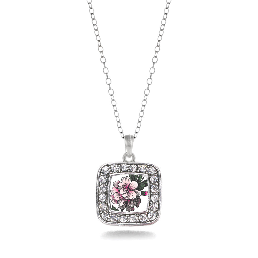 Silver Apple Blossom Square Charm Classic Necklace