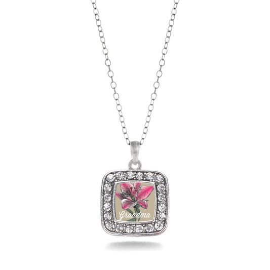 Silver Grandma Lily Flower Square Charm Classic Necklace
