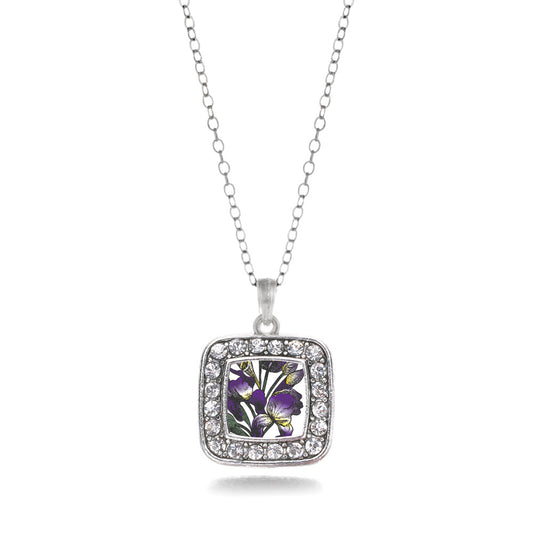 Silver Iris Flower Square Charm Classic Necklace