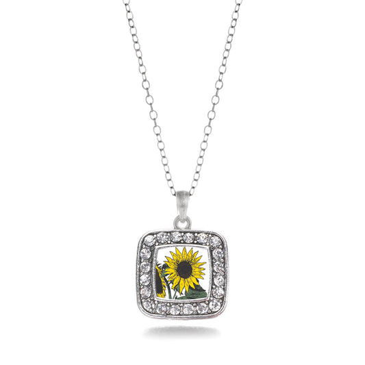 Silver Sunflower Square Charm Classic Necklace