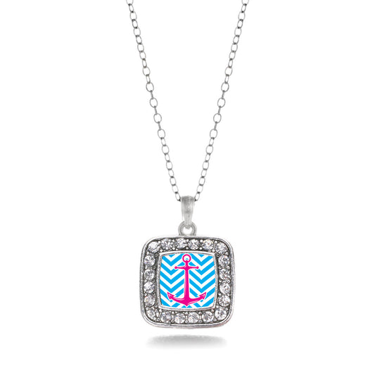 Silver Blue Chevron Pink Anchor Square Charm Classic Necklace
