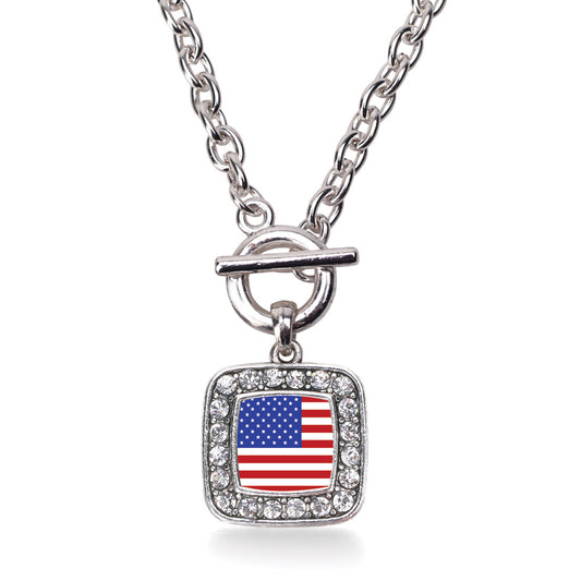 Silver American Flag Square Charm Toggle Necklace