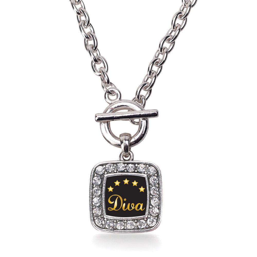 Silver Five Star Diva Square Charm Toggle Necklace