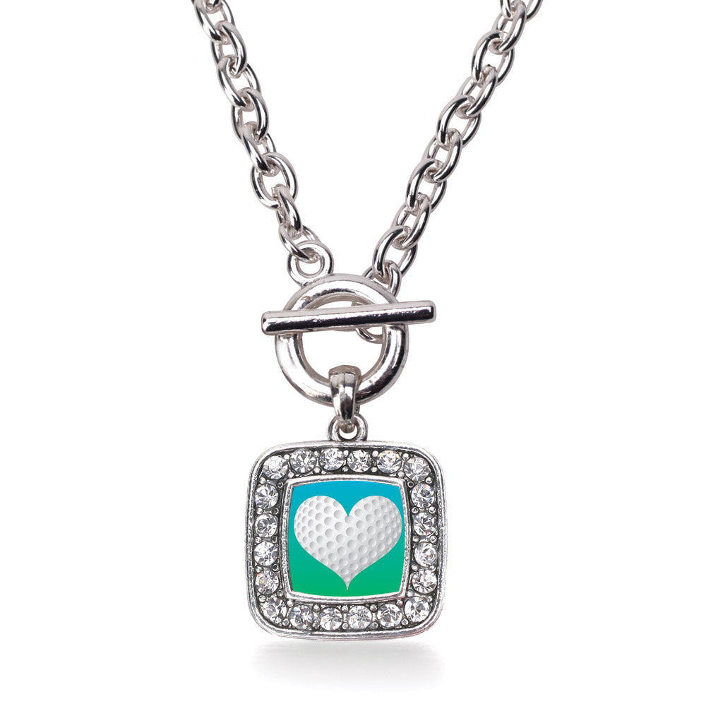 Silver Heart Of A Golfer Square Charm Toggle Necklace