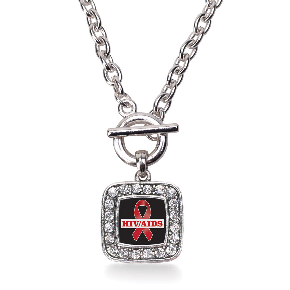 Silver HIV/AIDS Awareness Ribbon Square Charm Toggle Necklace