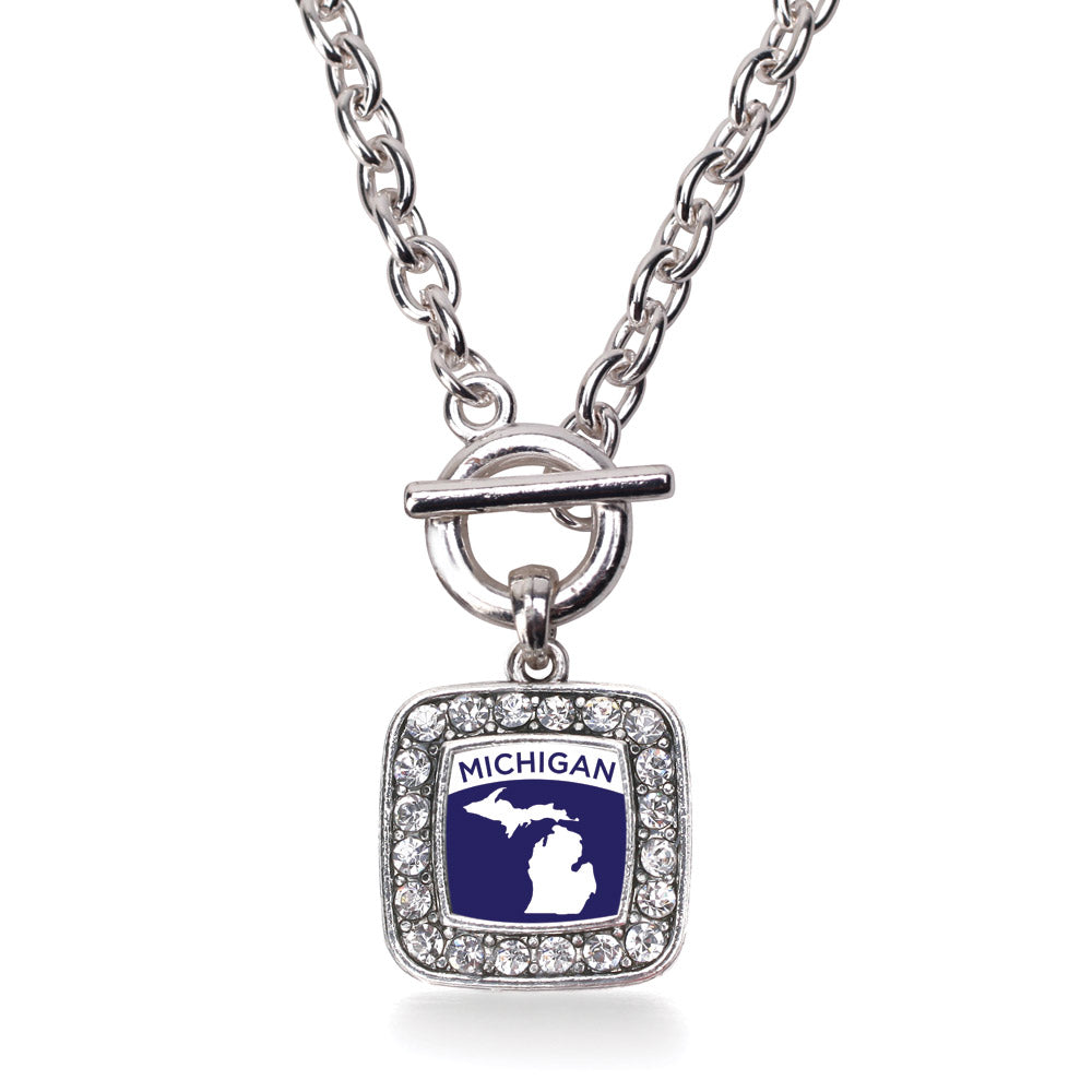 Silver Michigan Outline Square Charm Toggle Necklace