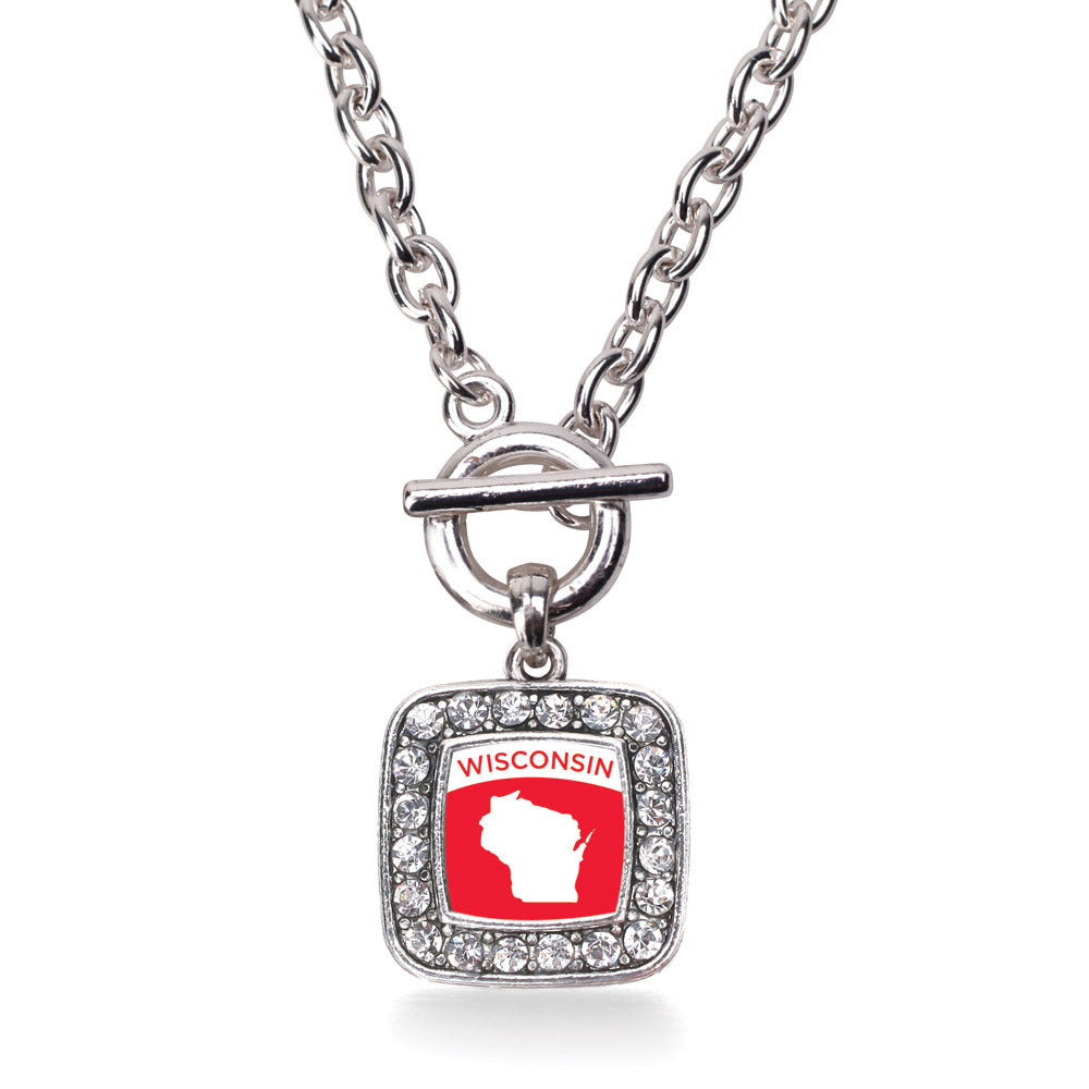 Silver Wisconsin Outline Square Charm Toggle Necklace
