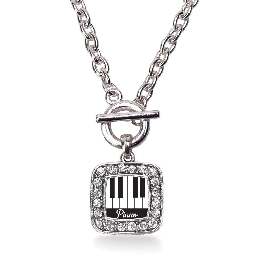 Silver Piano Lovers Square Charm Toggle Necklace