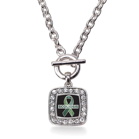 Silver Scoliosis Support and Awareness Square Charm Toggle Necklace