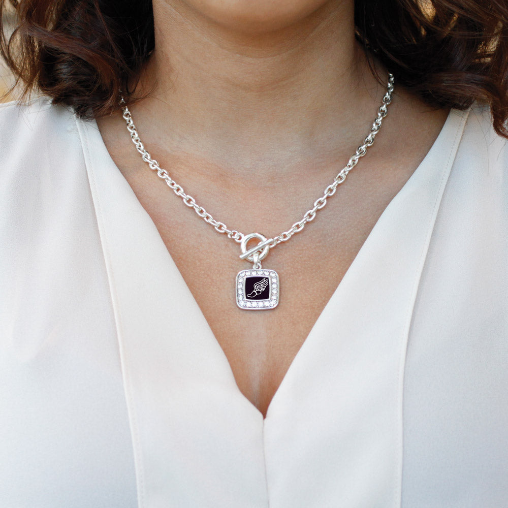 Silver Track Runner Square Charm Toggle Necklace