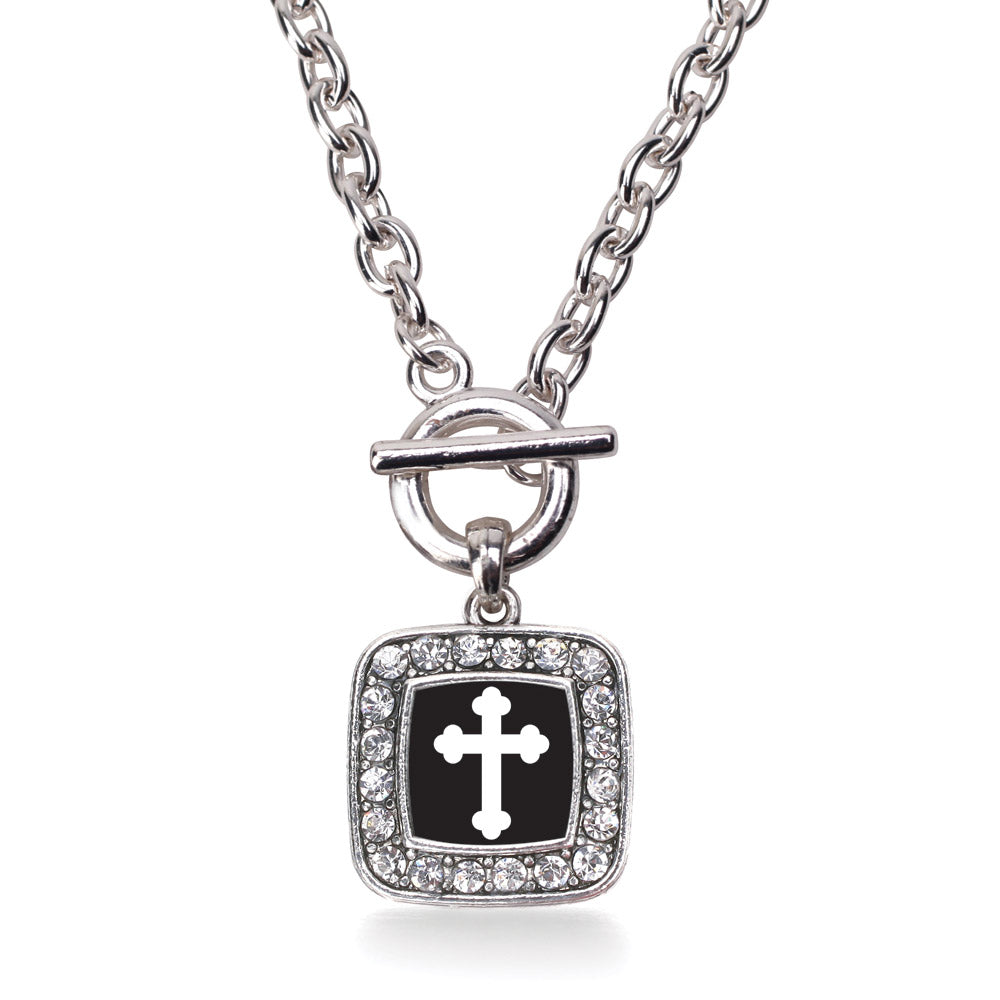 Silver Vintage Cross Square Charm Toggle Necklace