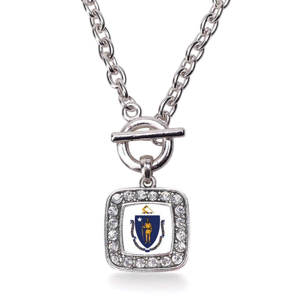 Silver Massachusetts Flag Square Charm Toggle Necklace