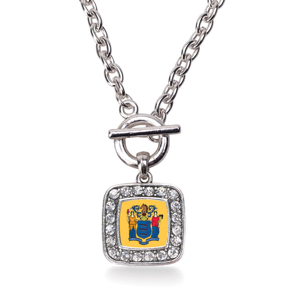 Silver New Jersey Flag Square Charm Toggle Necklace