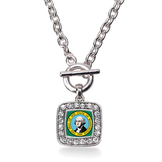 Silver Washington Flag Square Charm Toggle Necklace