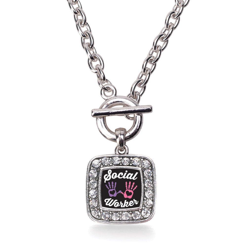 Silver Social Worker Square Charm Toggle Necklace