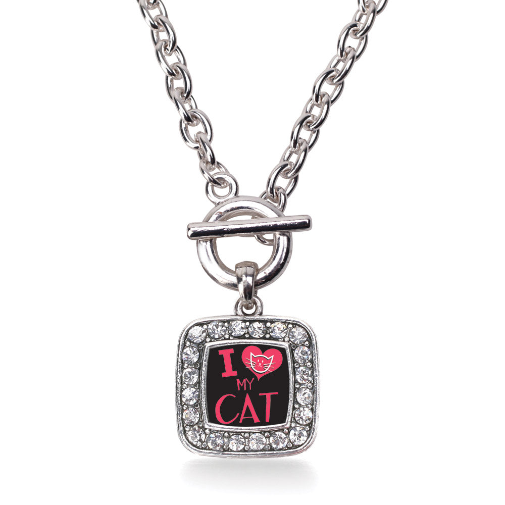 Silver I Love My Cat Square Charm Toggle Necklace
