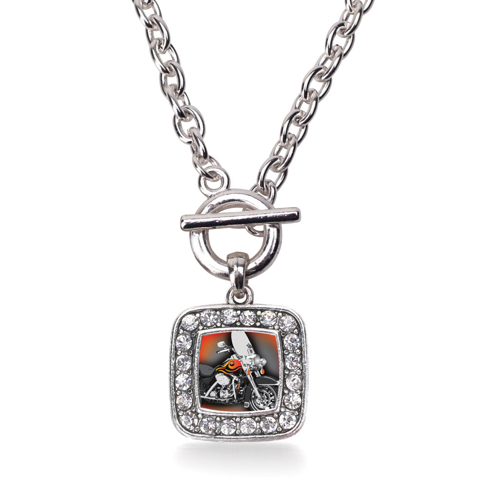 Silver Motorcycle Lovers Square Charm Toggle Necklace