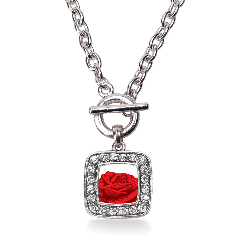 Silver Red Rose Square Charm Toggle Necklace