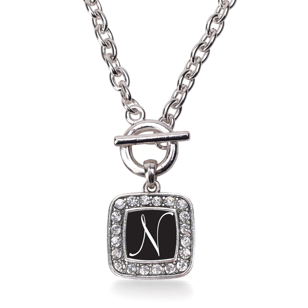 Silver My Script Initials - Letter N Square Charm Toggle Necklace