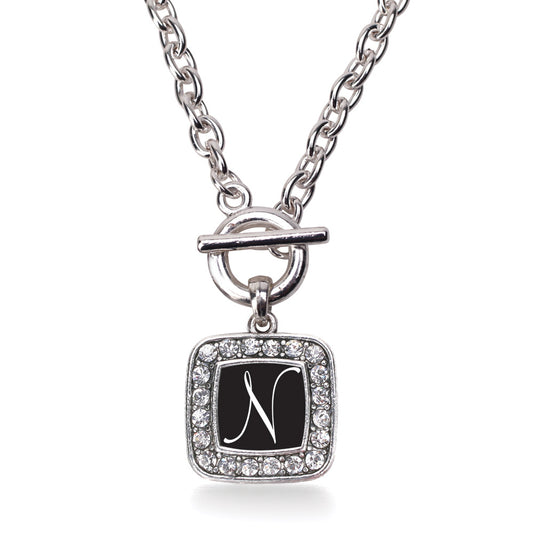 Silver My Script Initials - Letter N Square Charm Toggle Necklace