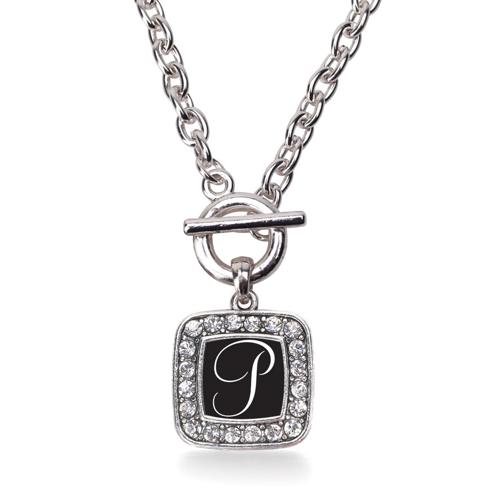 Silver My Script Initials - Letter P Square Charm Toggle Necklace