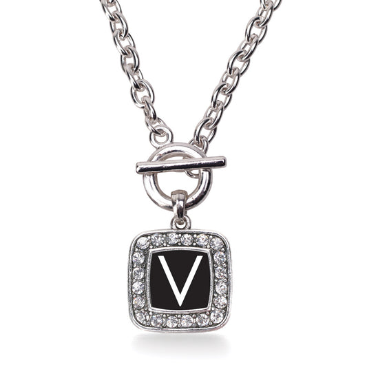 Silver My Initials - Letter V Square Charm Toggle Necklace