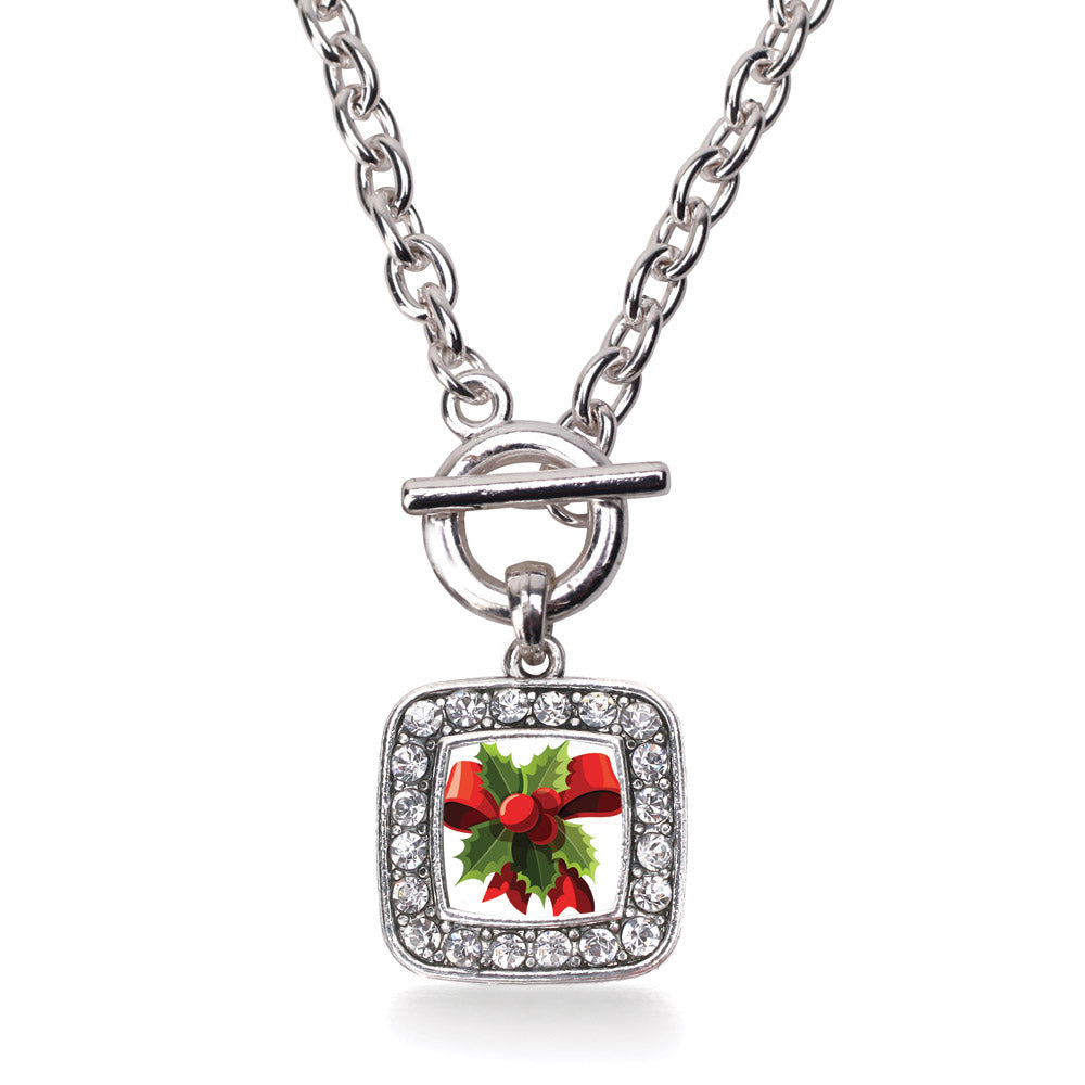 Silver Holly Plant Square Charm Toggle Necklace