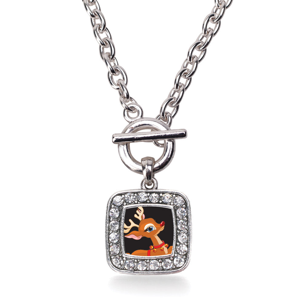 Silver Red Nosed Reindeer Square Charm Toggle Necklace
