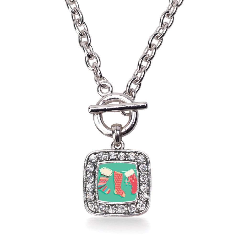 Silver Holiday Stockings Square Charm Toggle Necklace