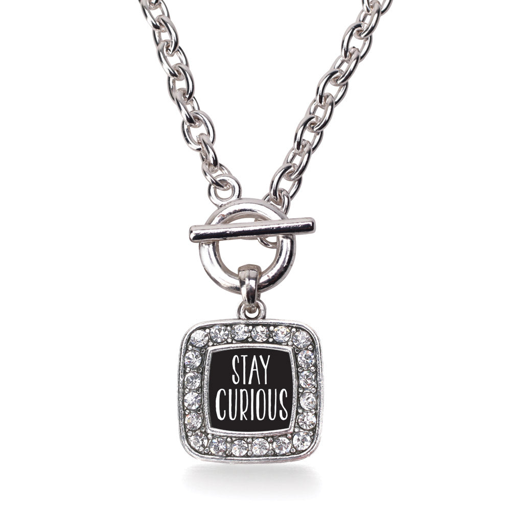 Silver Stay Curious Square Charm Toggle Necklace