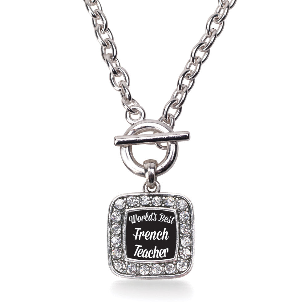 Silver World's Best French Teacher Square Charm Toggle Necklace