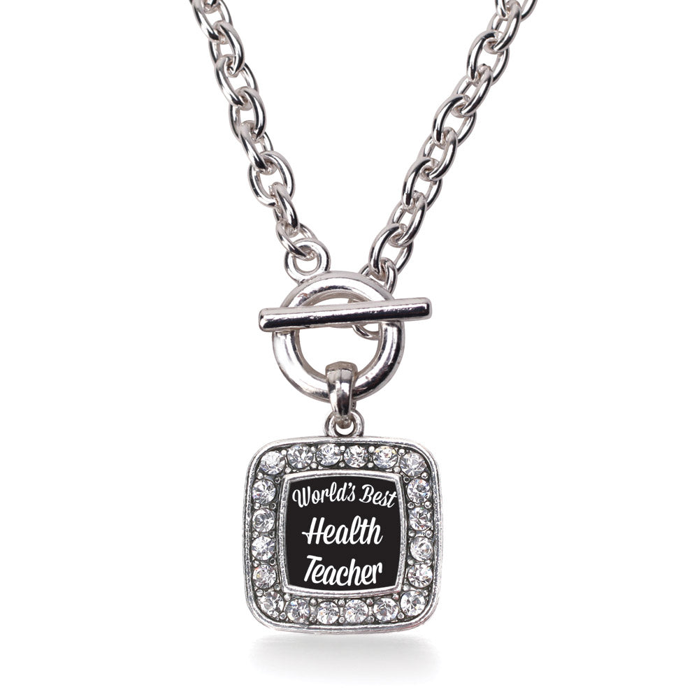 Silver World's Best Health Teacher Square Charm Toggle Necklace