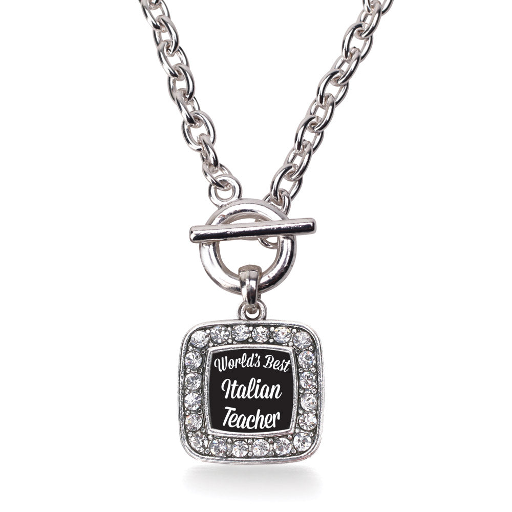Silver World's Best Italian Teacher Square Charm Toggle Necklace