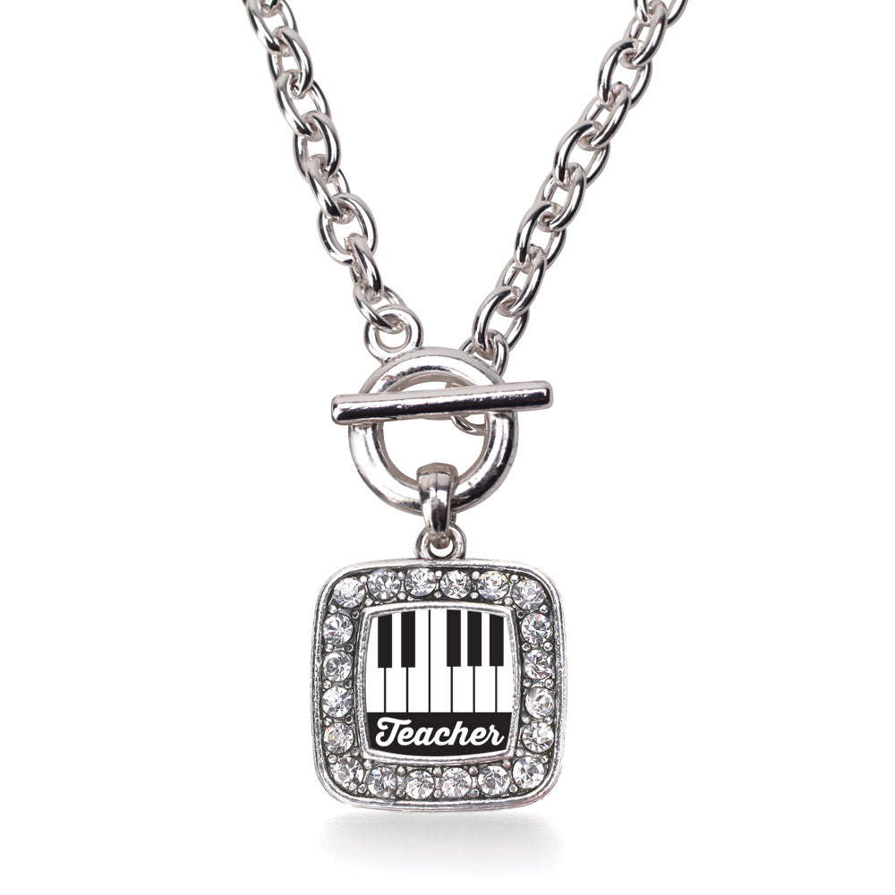 Silver Piano Teacher Square Charm Toggle Necklace