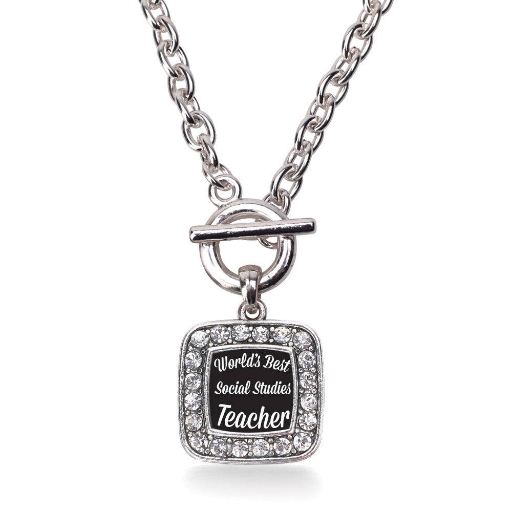 Silver World's Best Social Studies Teacher Square Charm Toggle Necklace