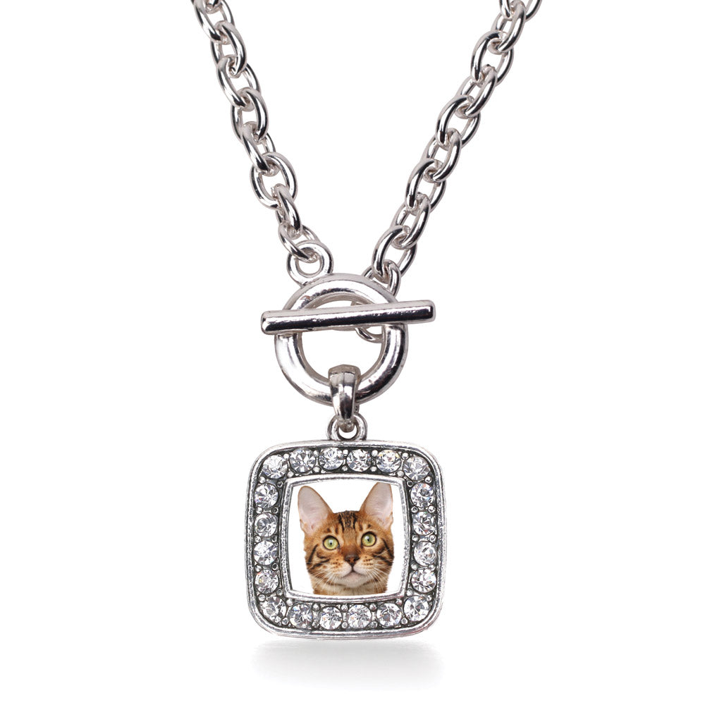 Silver Bengal Cat Square Charm Toggle Necklace